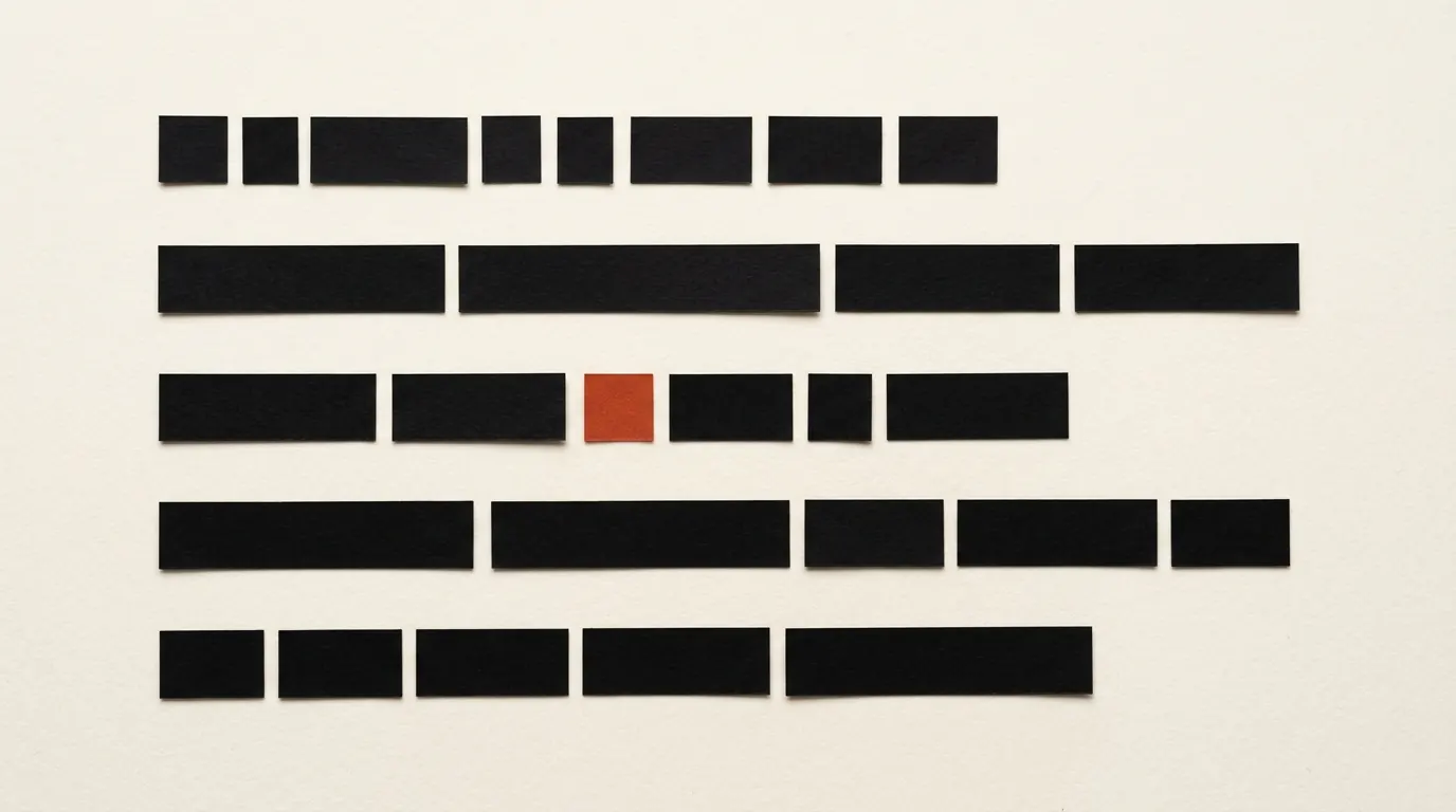 Cut-paper illustration: horizontal paper range bars of different lengths stacked in rows, in black and off-white with one red-orange accent