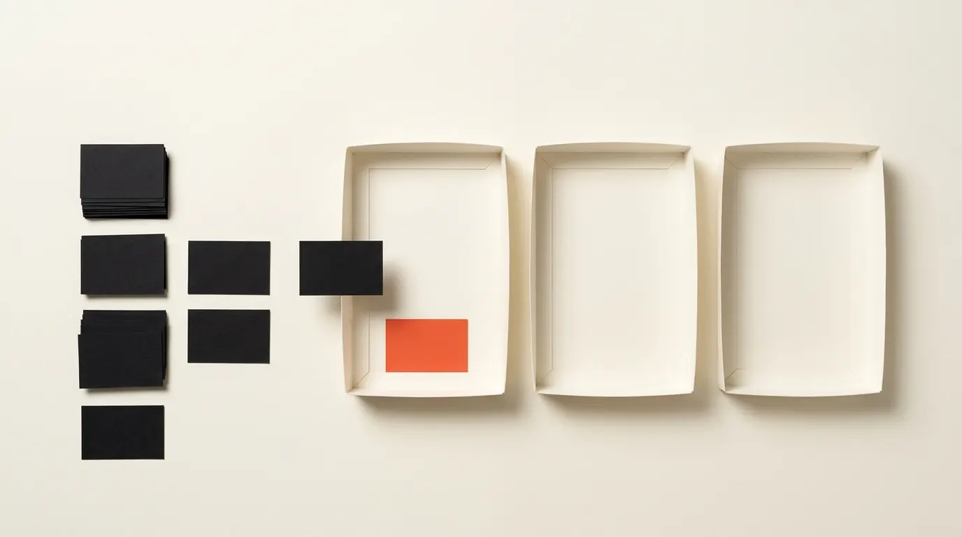 Cut-paper illustration: small paper task cards being sorted into three paper trays, in black and off-white with one red-orange accent