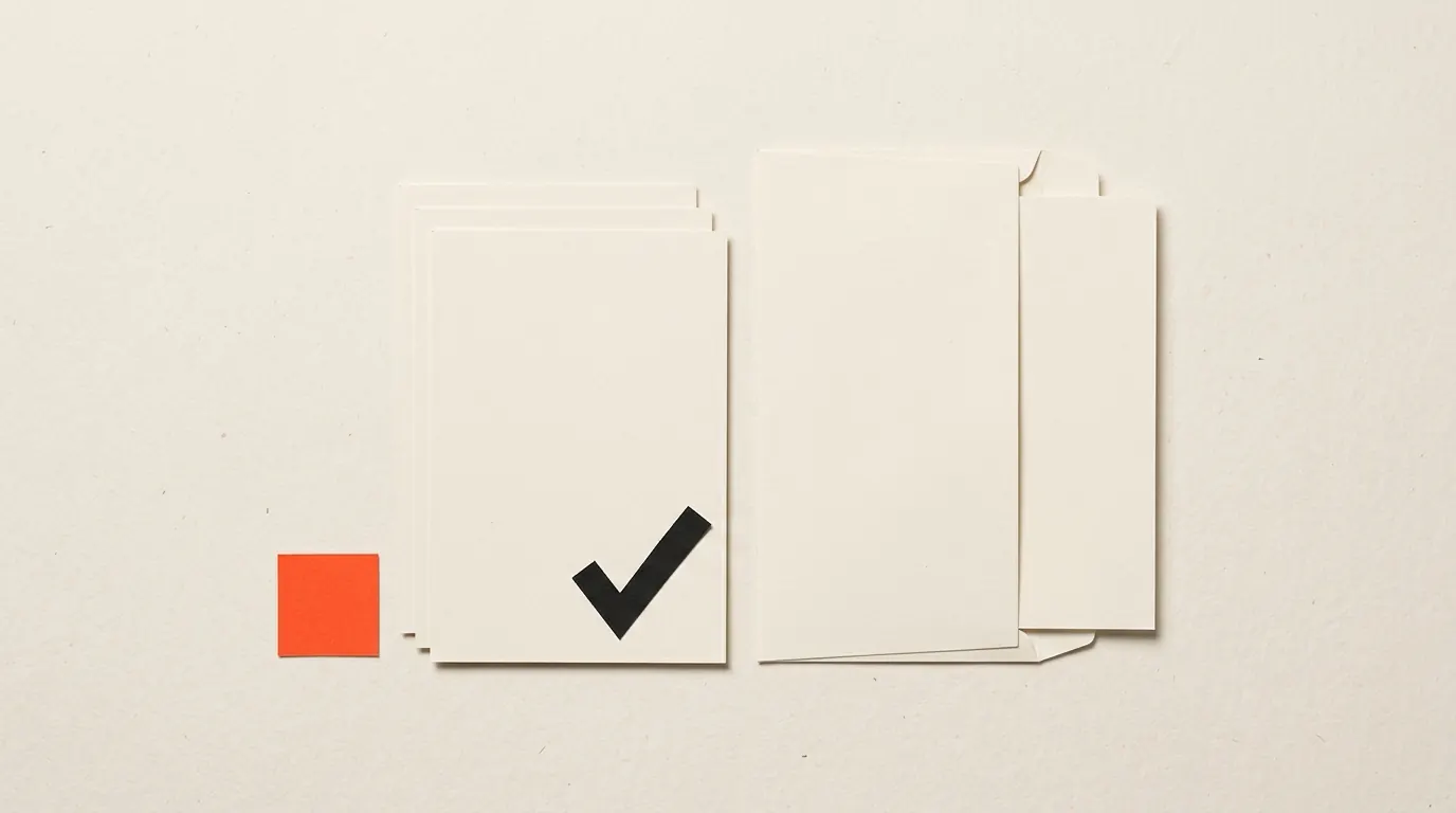 Cut-paper illustration: a paper envelope with a small payslip half out beside a stack of completed task sheets, in black and off-white with one red-orange accent