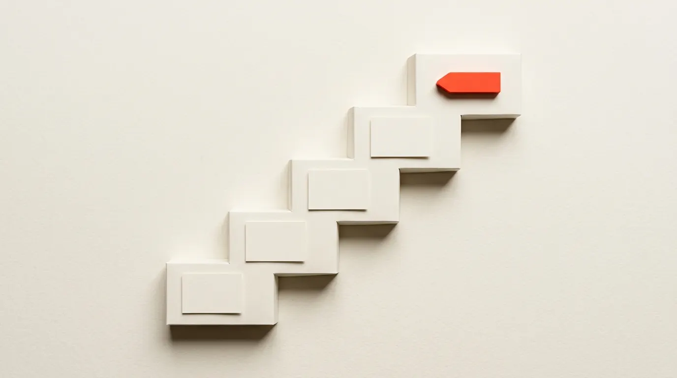 Cut-paper illustration: a paper staircase of five steps with a blank card on each step, in black and off-white with one red-orange accent