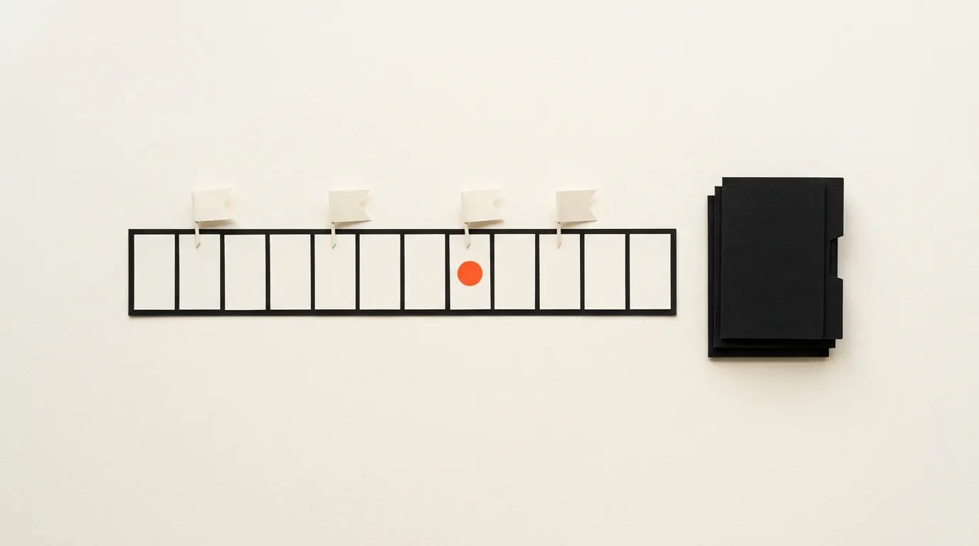 Cut-paper illustration: a paper calendar strip with small flags pinned on some days, beside a stack of application folders, in black and off-white with one red-orange accent