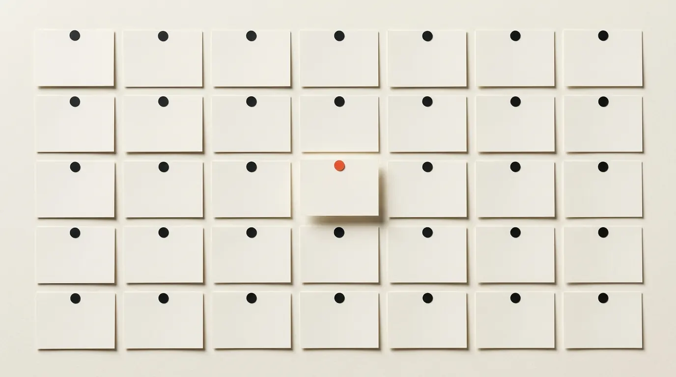 Cut-paper illustration: a paper job board of blank pinned cards in neat rows, one card pulled forward, in black and off-white with one red-orange accent