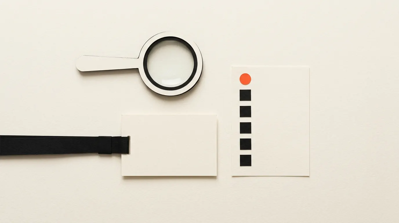 Cut-paper illustration: a paper magnifying lens over a blank badge card beside a small checklist, in black and off-white with one red-orange accent