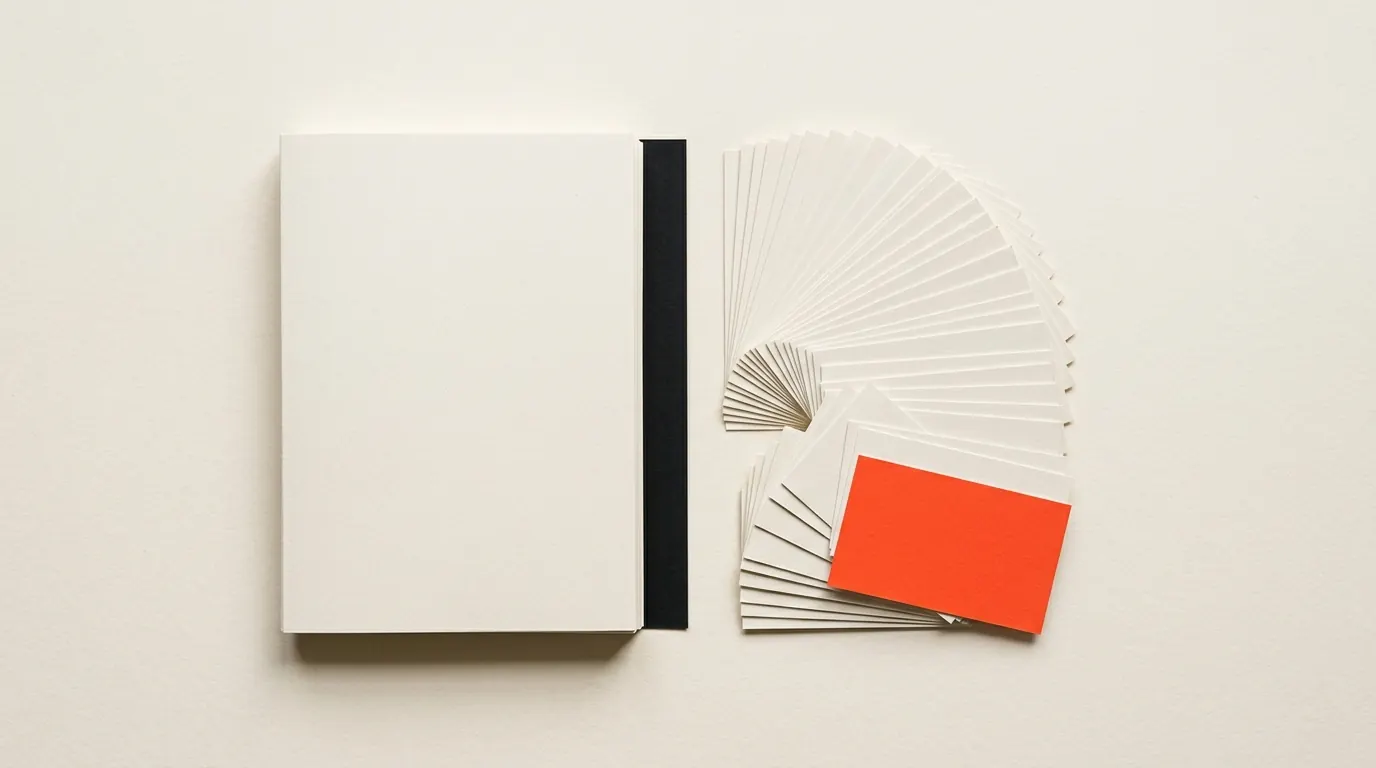 Cut-paper illustration: two neat paper stacks side by side, one of blank folders and one a loose fan of small task cards, in black and off-white with one red-orange accent