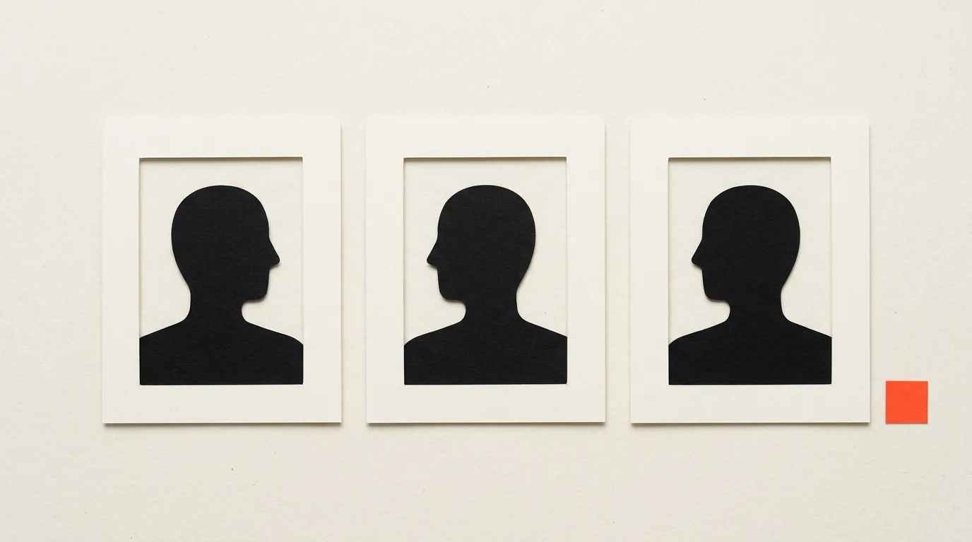 Cut-paper illustration: three blank paper portrait frames with simple head and shoulders silhouettes, in black and off-white with one red-orange accent