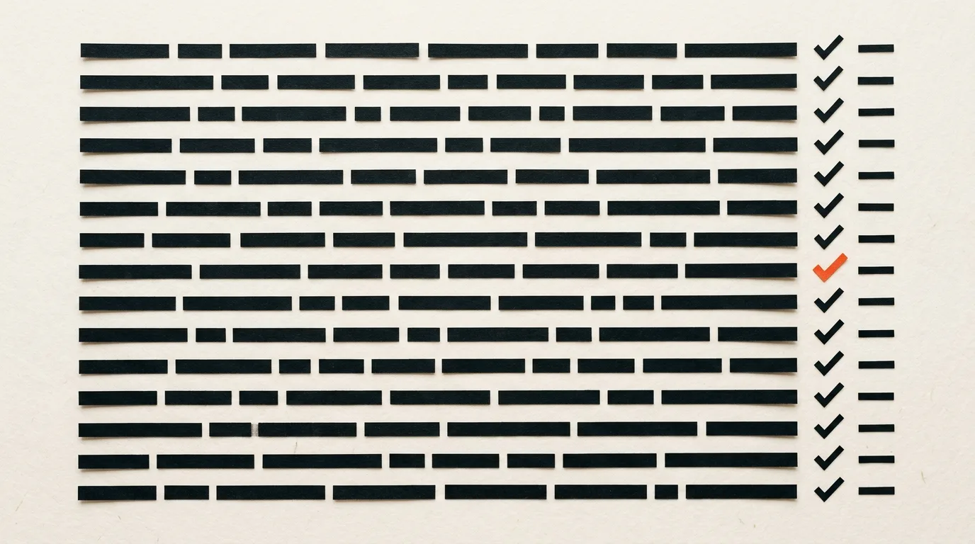 Cut-paper illustration: rows of short black paper strips like lines of code with a few paper tick marks beside them, in black and off-white with one red-orange accent