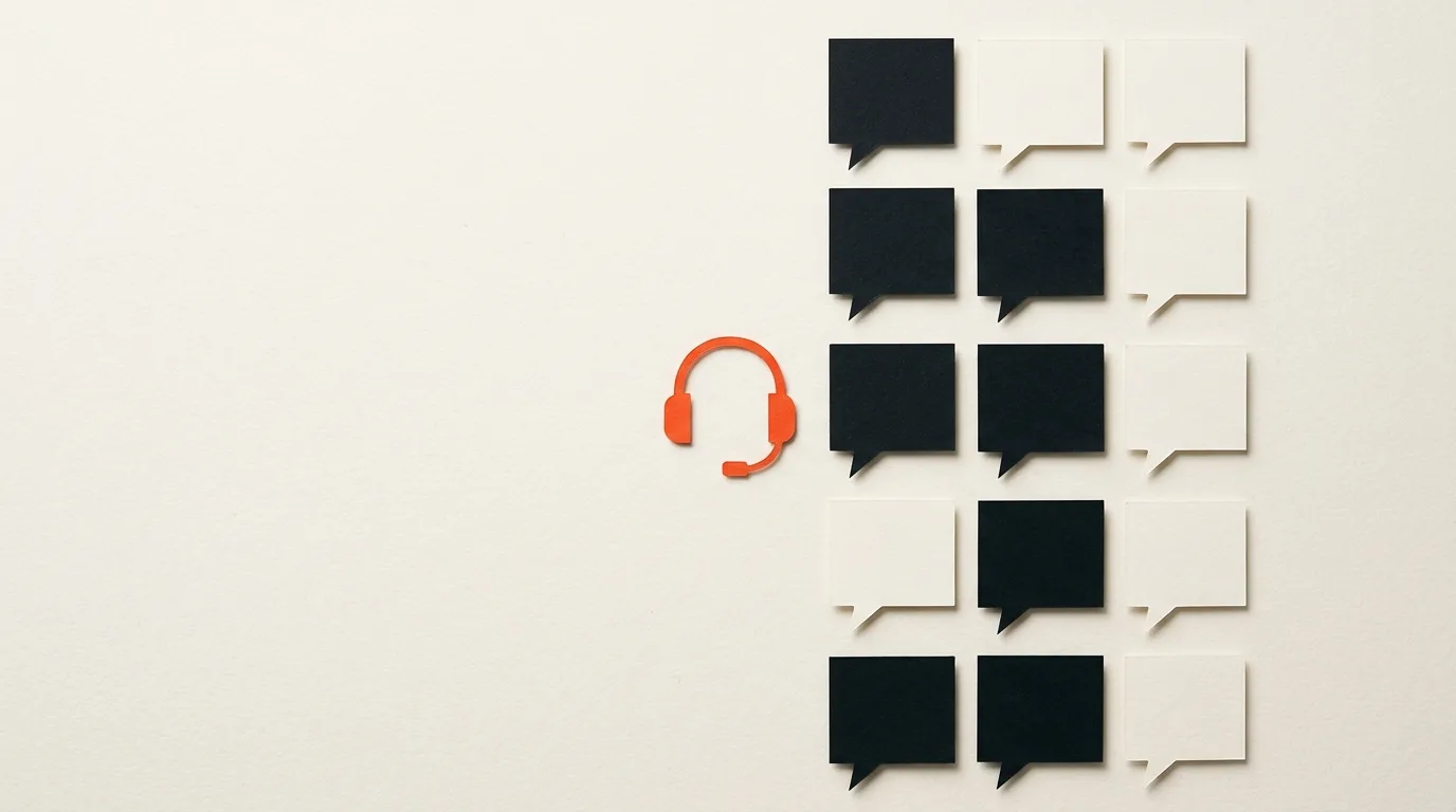 Cut-paper illustration: a column of alternating paper speech bubbles beside a small paper headset shape, in black and off-white with one red-orange accent