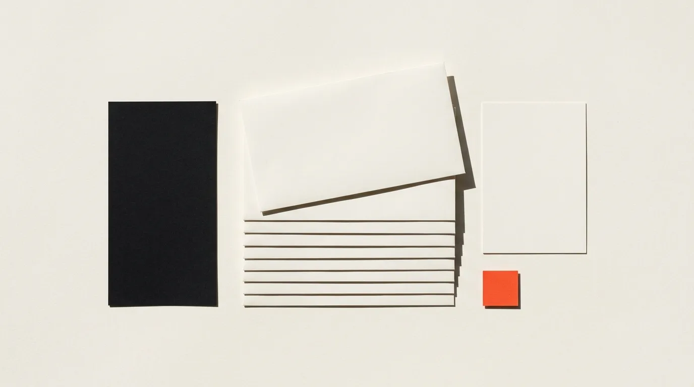 Cut-paper illustration: a neat stack of blank envelopes with one envelope slightly raised, in black and off-white with one red-orange accent