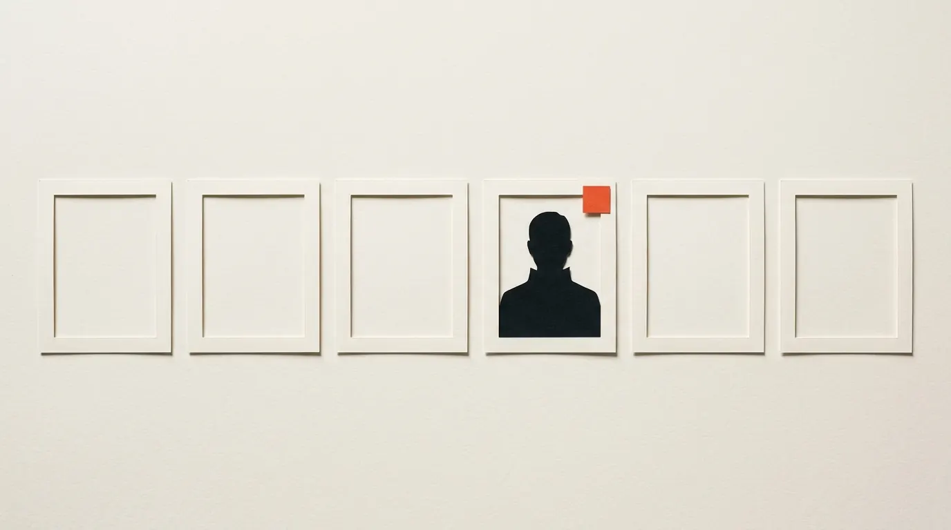 Cut-paper illustration: a row of identical blank paper portrait frames, one holding a faceless shoulders silhouette, in black and off-white with one red-orange accent