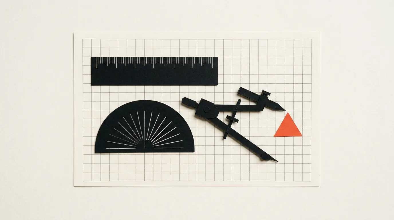 Cut-paper illustration: paper compass, protractor and ruler on a blank sheet of grid paper, in black and off-white with one red-orange accent