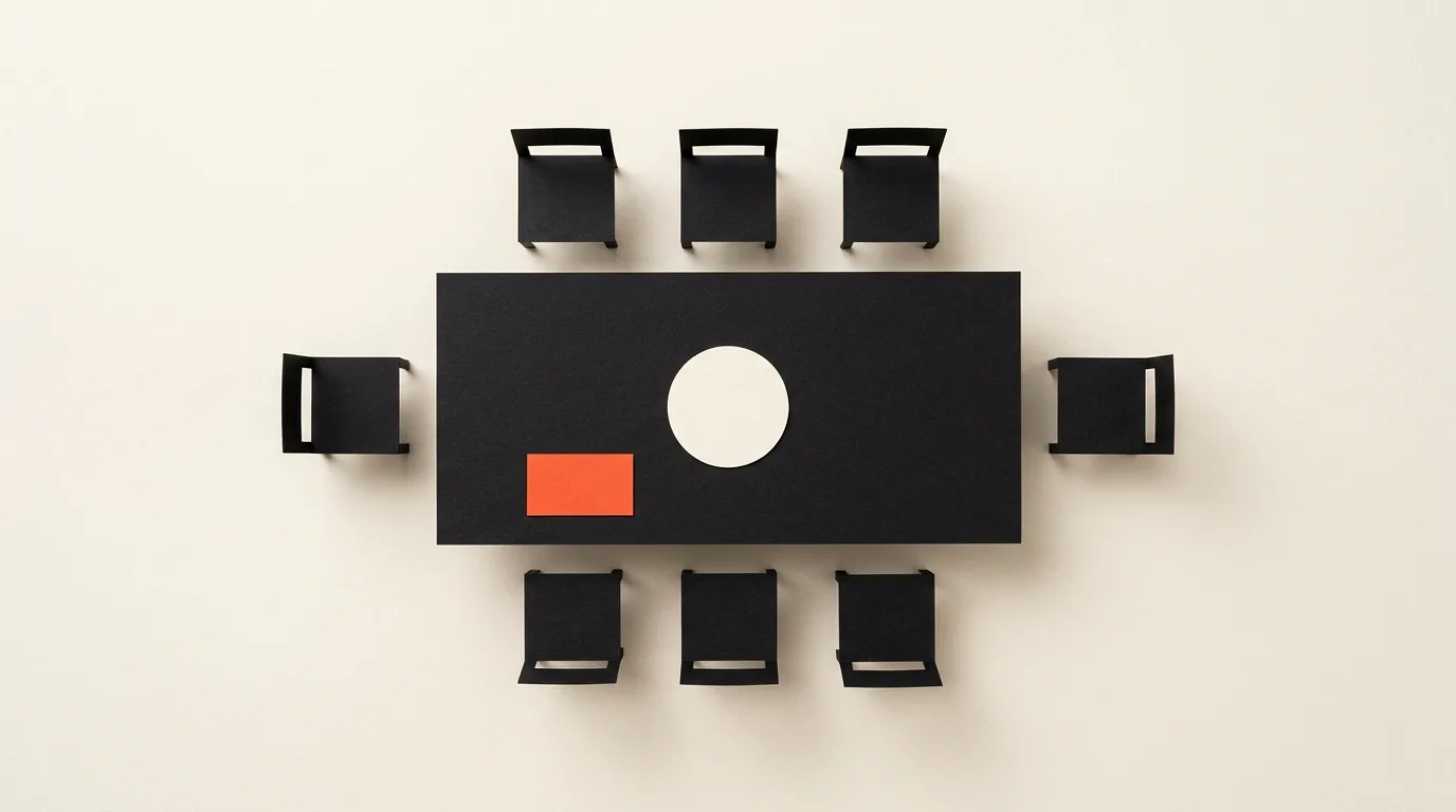 Cut-paper illustration: a long table shape cut from black paper with six small paper chairs and one small round note card, in black and off-white with one red-orange accent