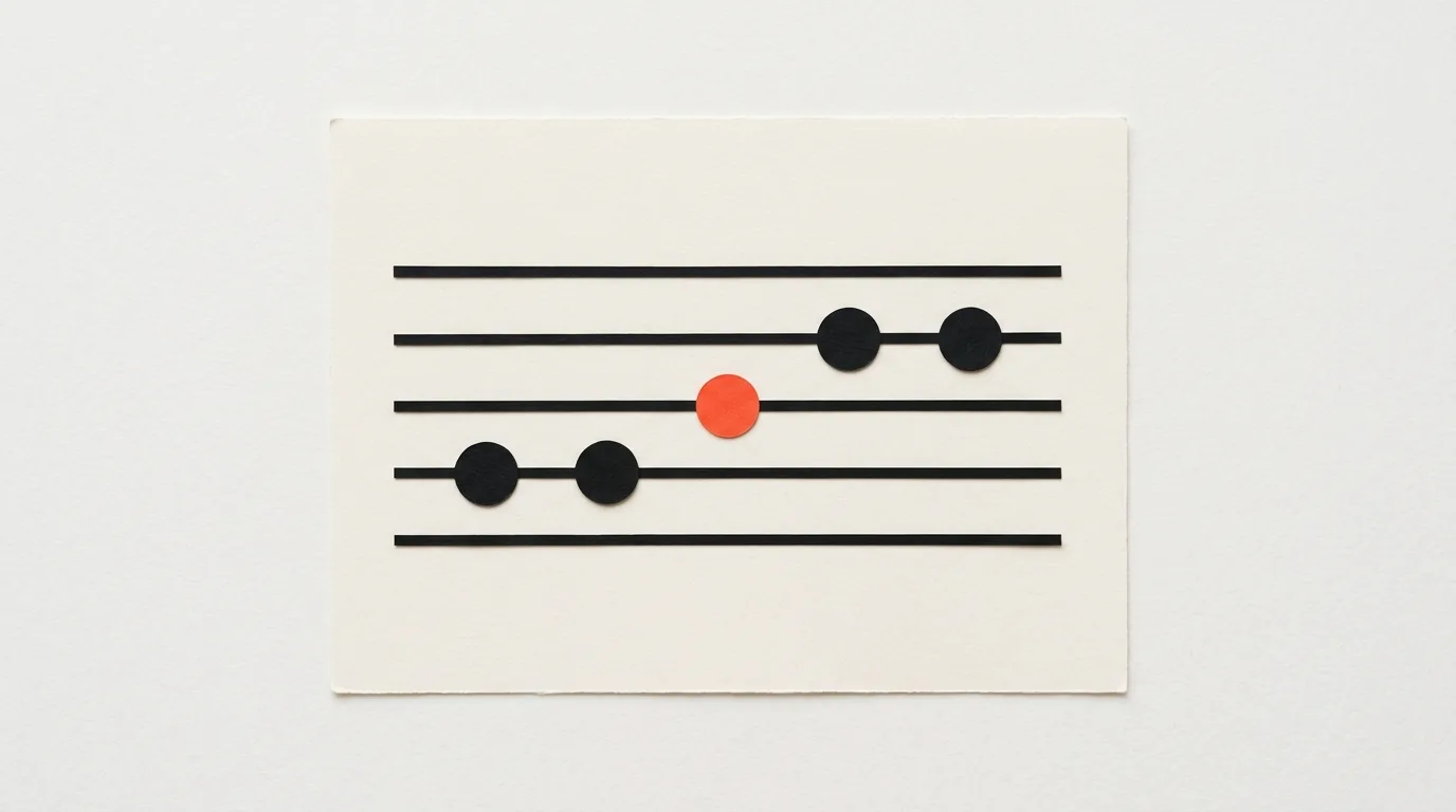 Cut-paper illustration: five thin paper staff lines with a few round paper notes placed on them, in black and off-white with one red-orange accent