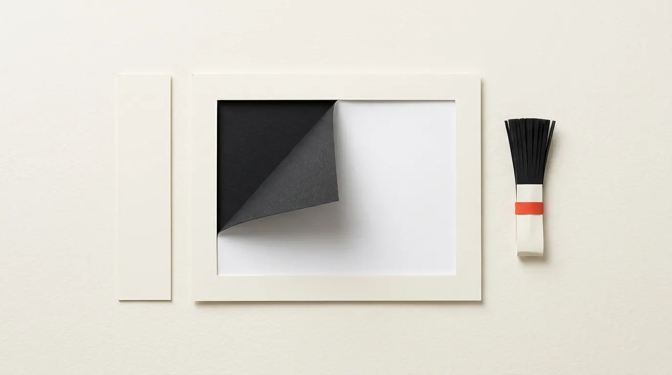 Cut-paper illustration: a blank paper photo frame with a paper slider and brush, one corner lifted, in black and off-white with one red-orange accent