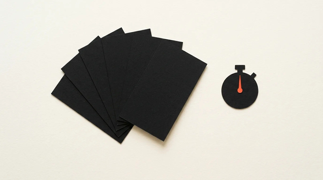 Cut-paper illustration: a fan of blank flash cards beside a small paper stopwatch shape, in black and off-white with one red-orange accent
