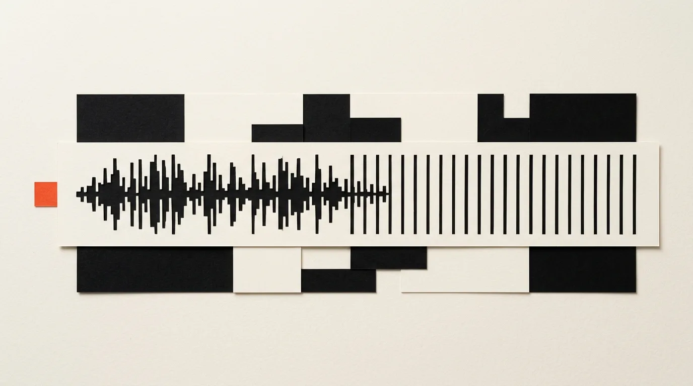 Cut-paper illustration: a paper sound wave of vertical bars turning into neat ruled lines on a strip, in black and off-white with one red-orange accent