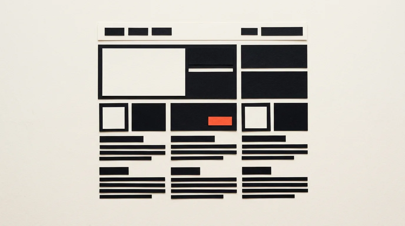 Cut-paper illustration: a grid of paper rectangles arranged like a web page wireframe, in black and off-white with one red-orange accent