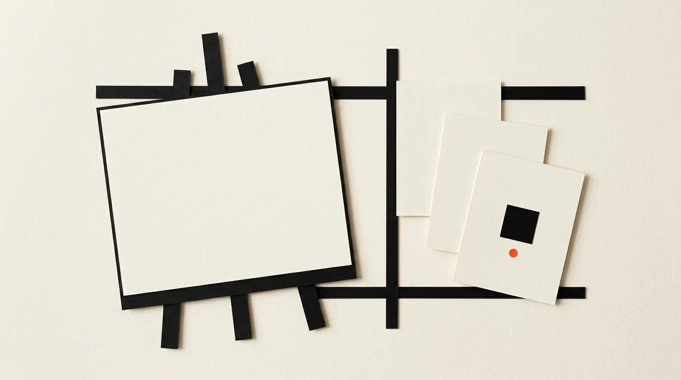 Cut-paper illustration: a paper canvas on an easel set aside with three smaller blank canvases fanned beside it, in black and off-white with one red-orange accent