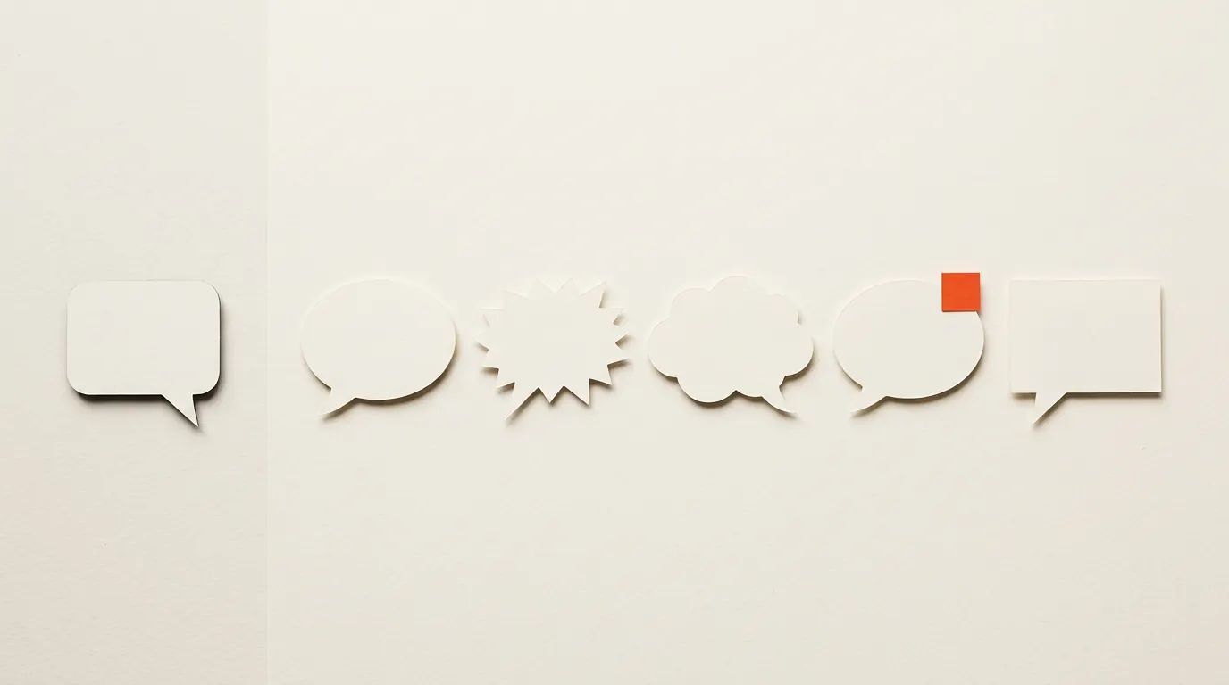 Cut-paper illustration: one paper speech bubble set apart from a row of five other speech bubbles, in black and off-white with one red-orange accent