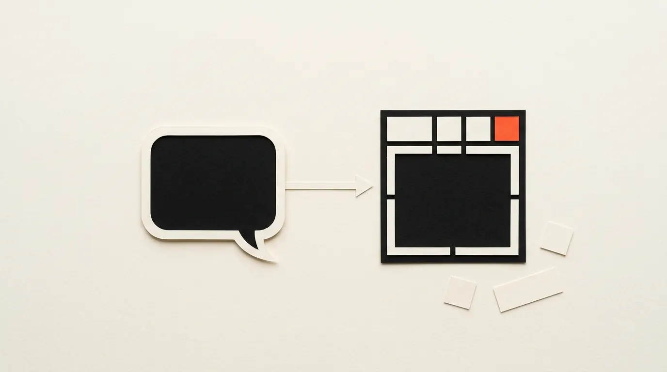 Cut-paper illustration: a paper speech bubble with an arrow leading to a small app window built from paper blocks, in black and off-white with one red-orange accent