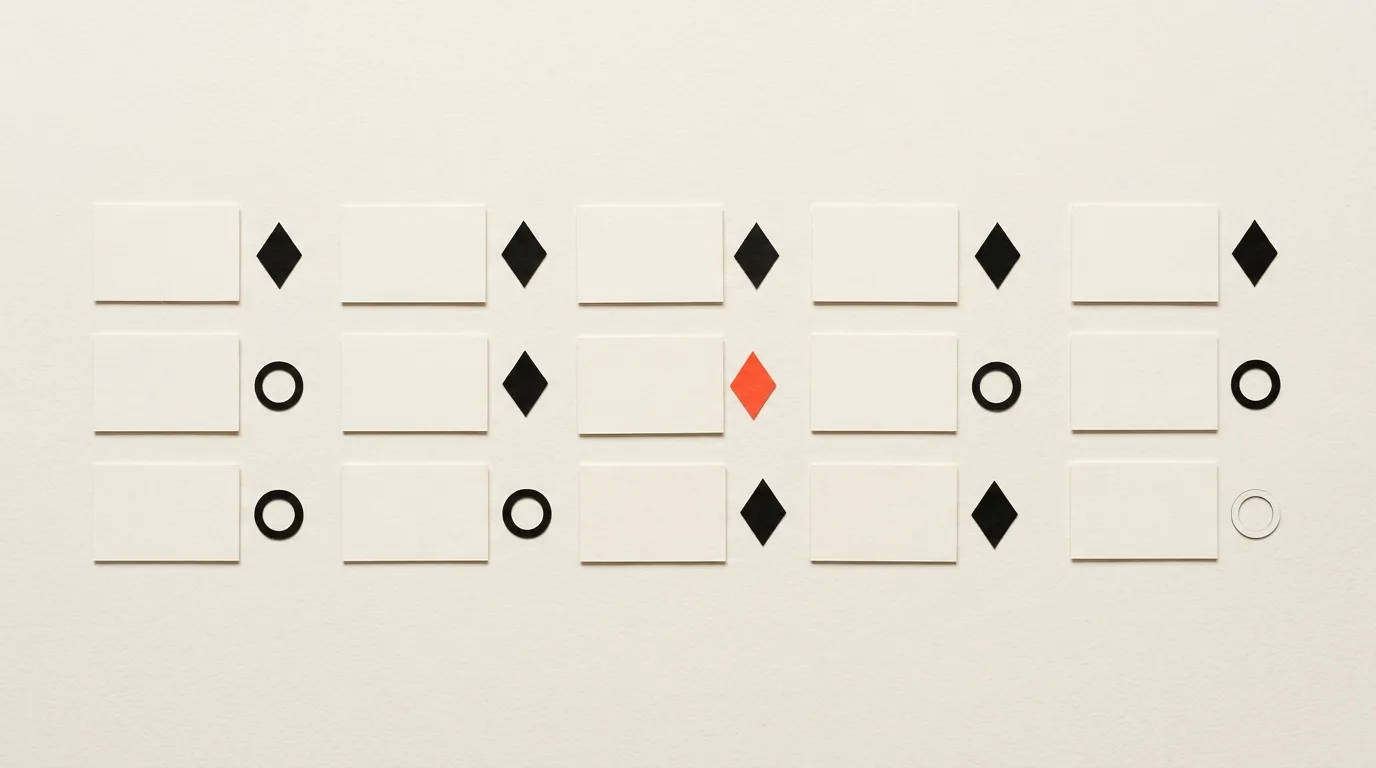 Cut-paper illustration: a row of blank answer cards each paired with a small open ring or solid diamond paper shape, in black and off-white with one red-orange accent