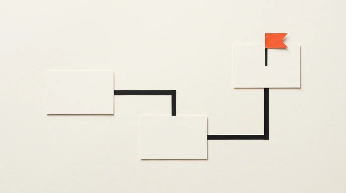 Cut-paper illustration: a simple paper roadmap of three cards connected by right-angle rules with a small flag, in black and off-white with one red-orange accent
