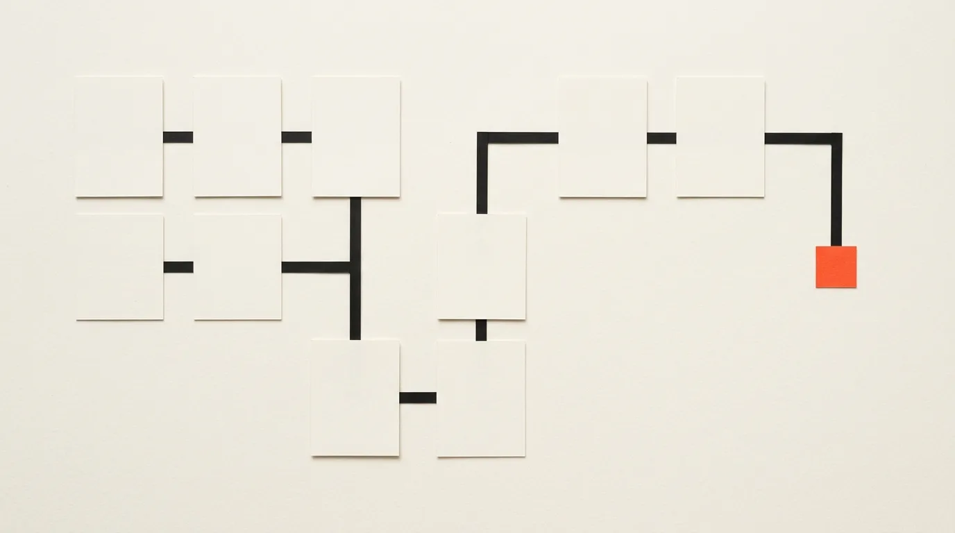 Cut-paper illustration: a flow of blank paper cards connected by thin black rules with right-angle turns, in black and off-white with one red-orange accent