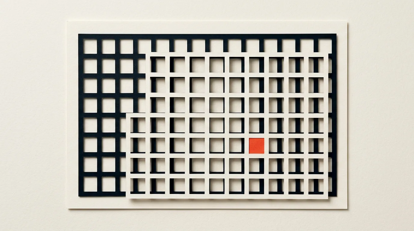 Cut-paper illustration: a layered stack of paper grids slightly offset like network layers, in black and off-white with one red-orange accent