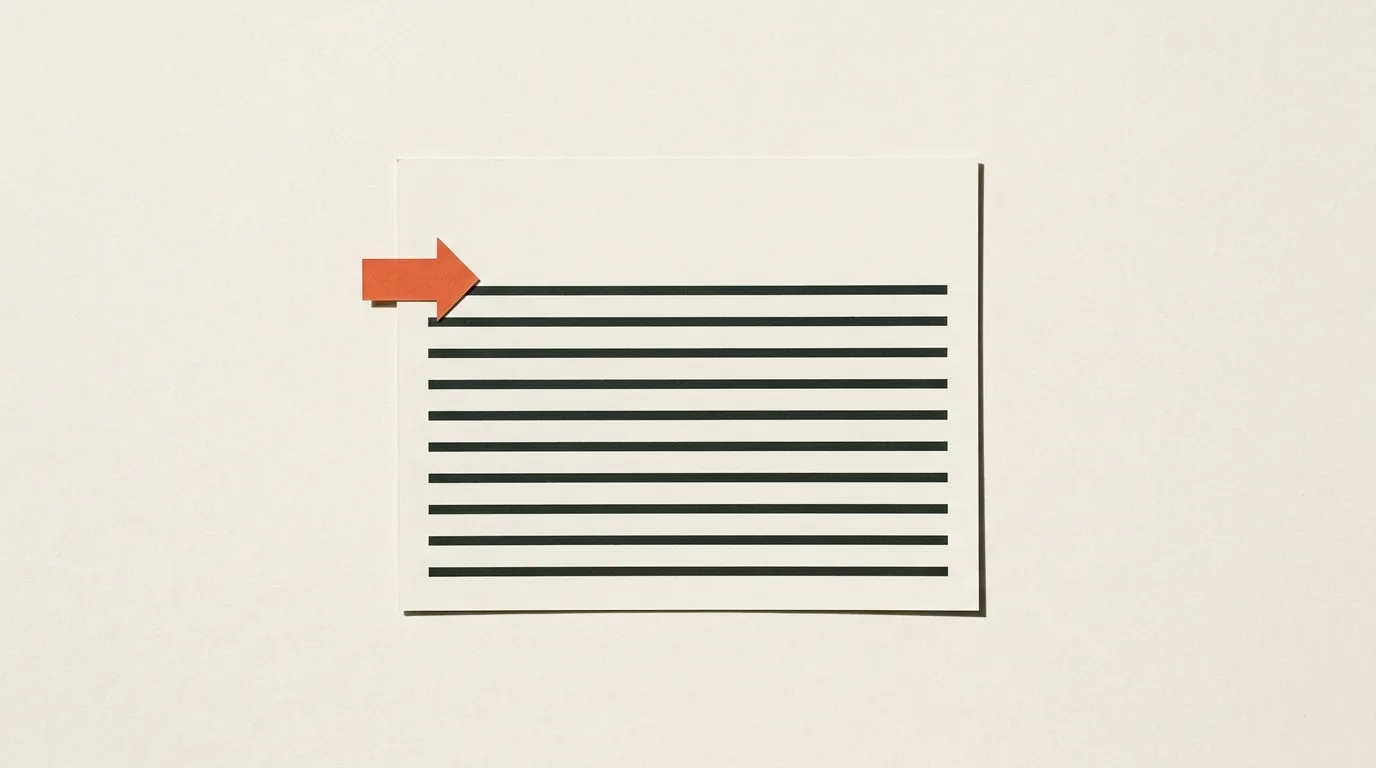 Cut-paper illustration: a blank card with short ruled strips and a small paper arrow pointing into it, in black and off-white with one red-orange accent