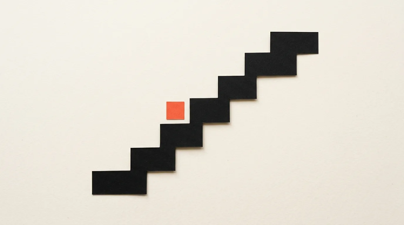 Cut-paper illustration: a staircase of black paper steps rising left to right, in black and off-white with one red-orange accent