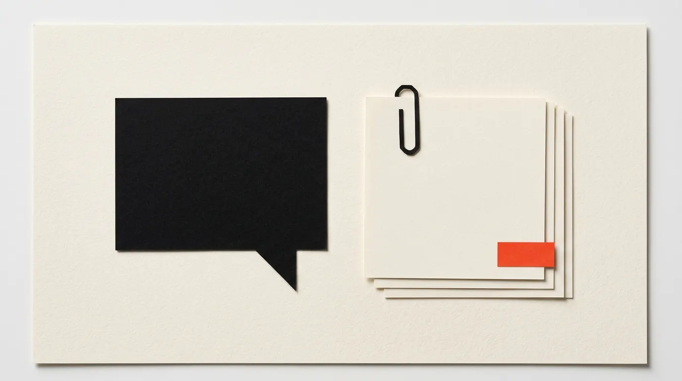 Cut-paper illustration: a paper speech bubble beside a stack of blank office documents with a paperclip, in black and off-white with one red-orange accent