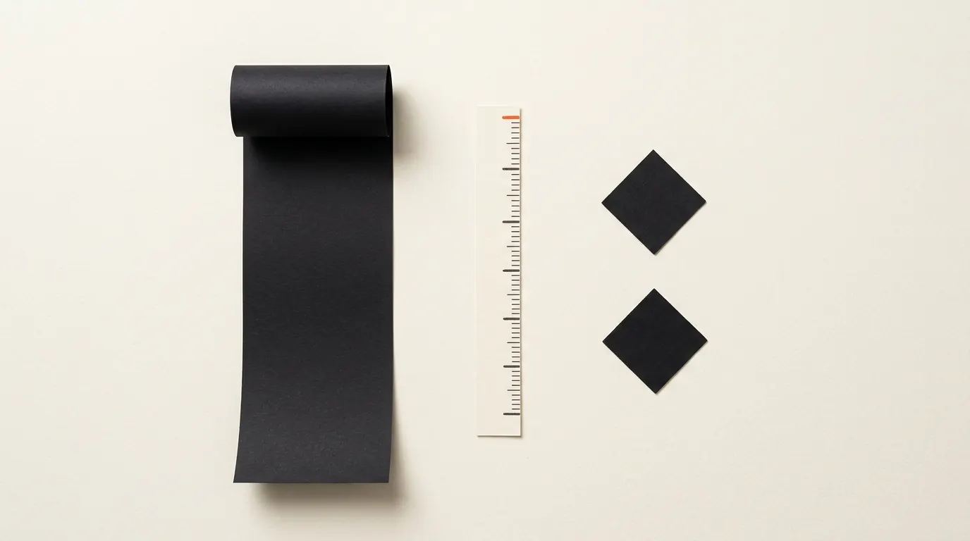 Cut-paper illustration: a long paper scroll and two small paper diamonds separated by an upright ruler, in black and off-white with one red-orange accent