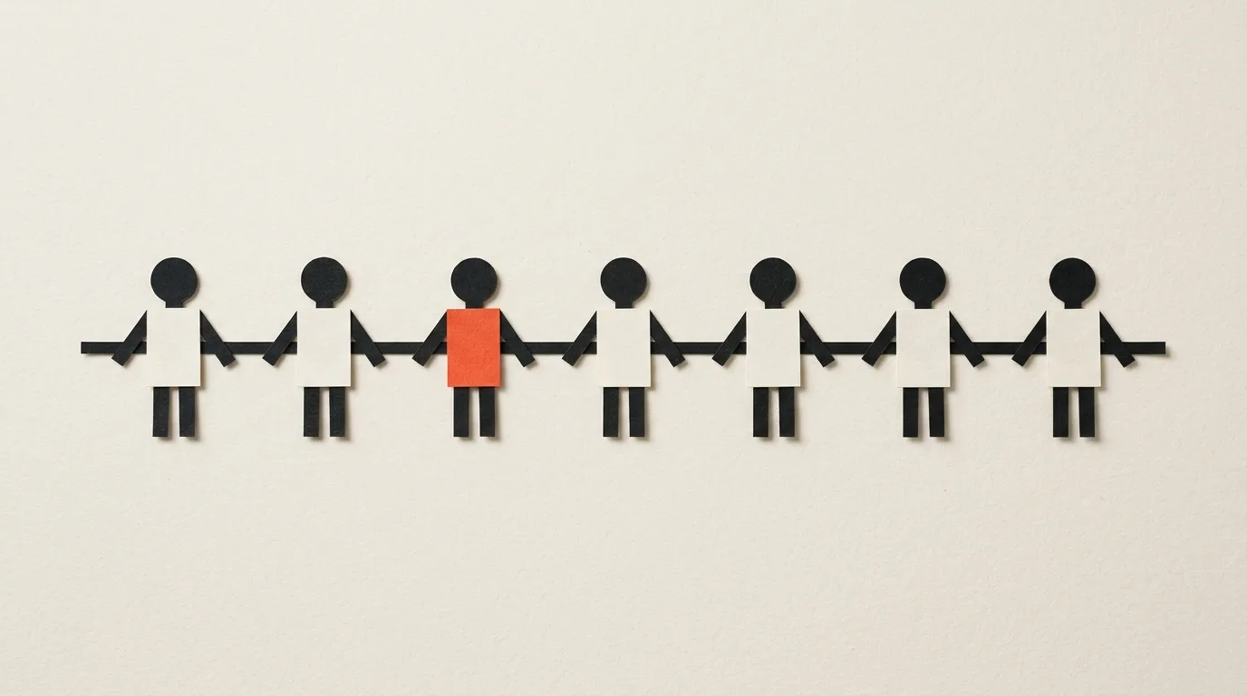 Cut-paper illustration: a row of small paper figures made of circles and rectangles connected by one thin rule, in black and off-white with one red-orange accent