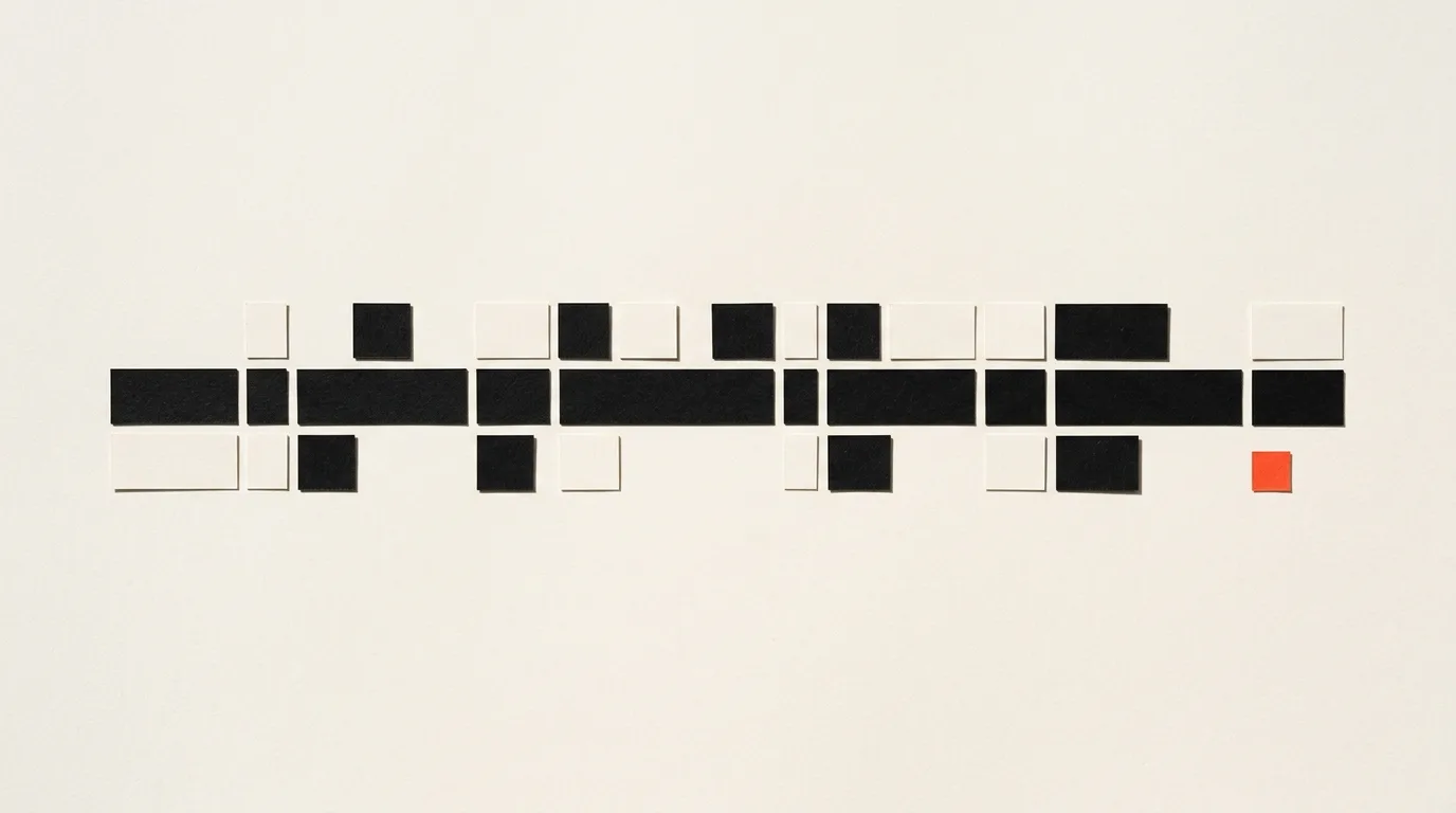 Cut-paper illustration: a long horizontal paper strip divided into segments of different lengths like a ruler, in black and off-white with one red-orange accent