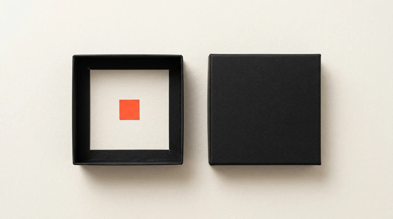 Cut-paper illustration: an open paper box beside a closed paper box of the same size, in black and off-white with one red-orange accent