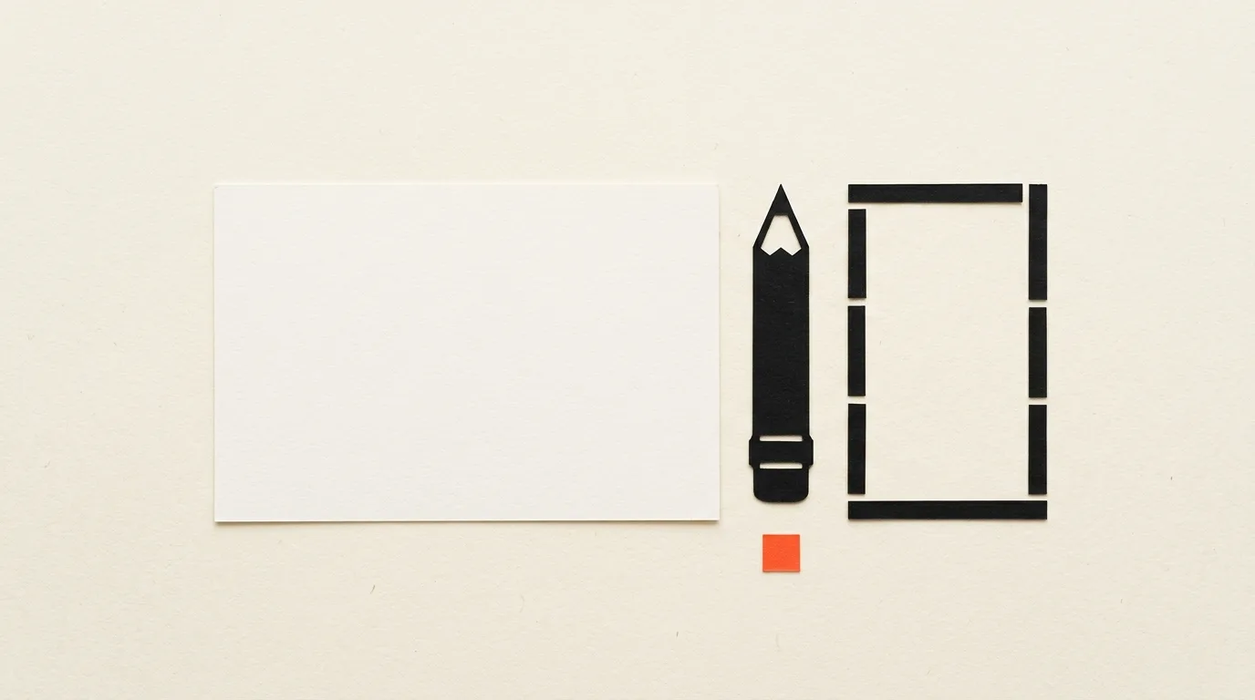 Cut-paper illustration: a blank card with a few short paper strips arranged as an outline beside a sharp paper pencil shape, in black and off-white with one red-orange accent