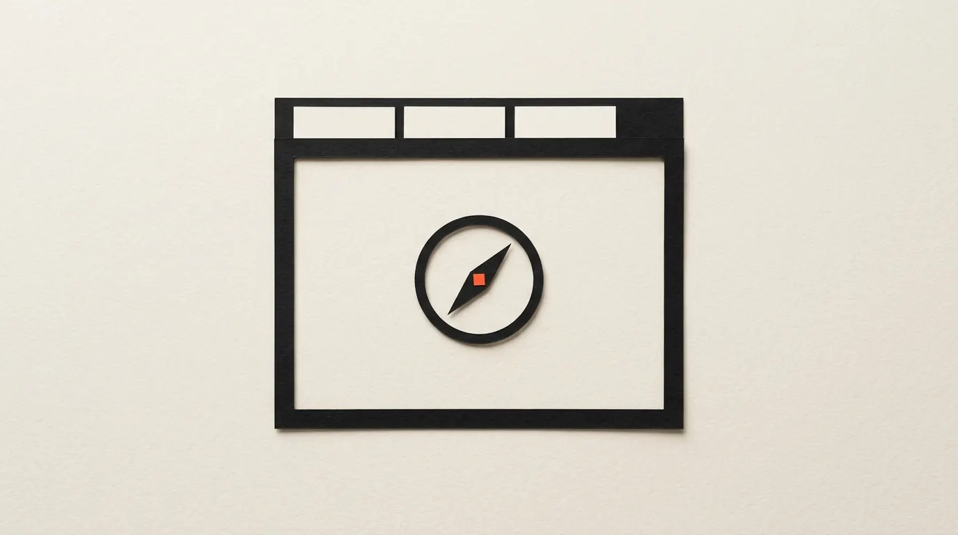 Cut-paper illustration: a paper browser window with three blank tabs and a small compass needle inside, in black and off-white with one red-orange accent