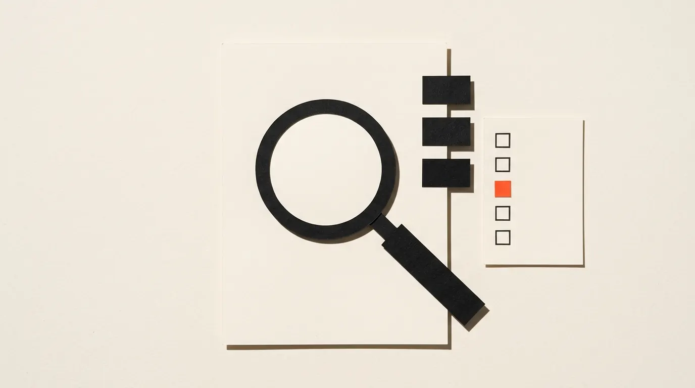 Cut-paper illustration: a paper magnifying glass over a blank essay page with short strips marked in the margin, in black and off-white with one red-orange accent